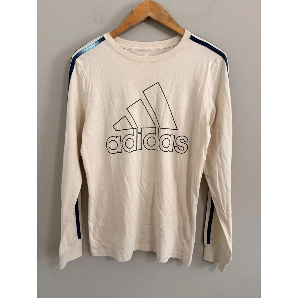 Adidas Long Sleeve T-Shirt Mens Large Cream Blue Green Iridescent Stripe Logo